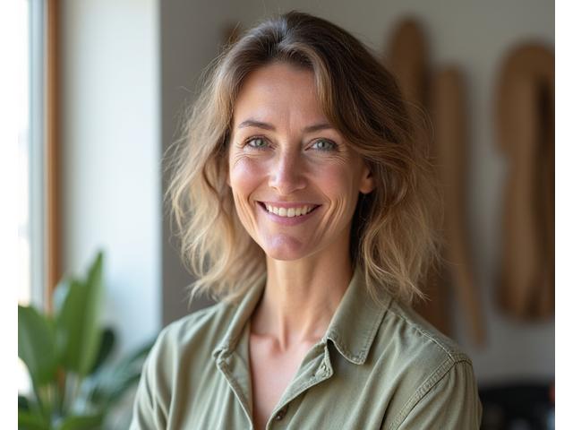 Elara Thorne, founder of Veridian Bloom, smiling in a beautifully designed, natural-light filled studio.