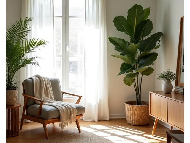 Serene interior design with a focus on natural plants and soft lighting, representing holistic living.
