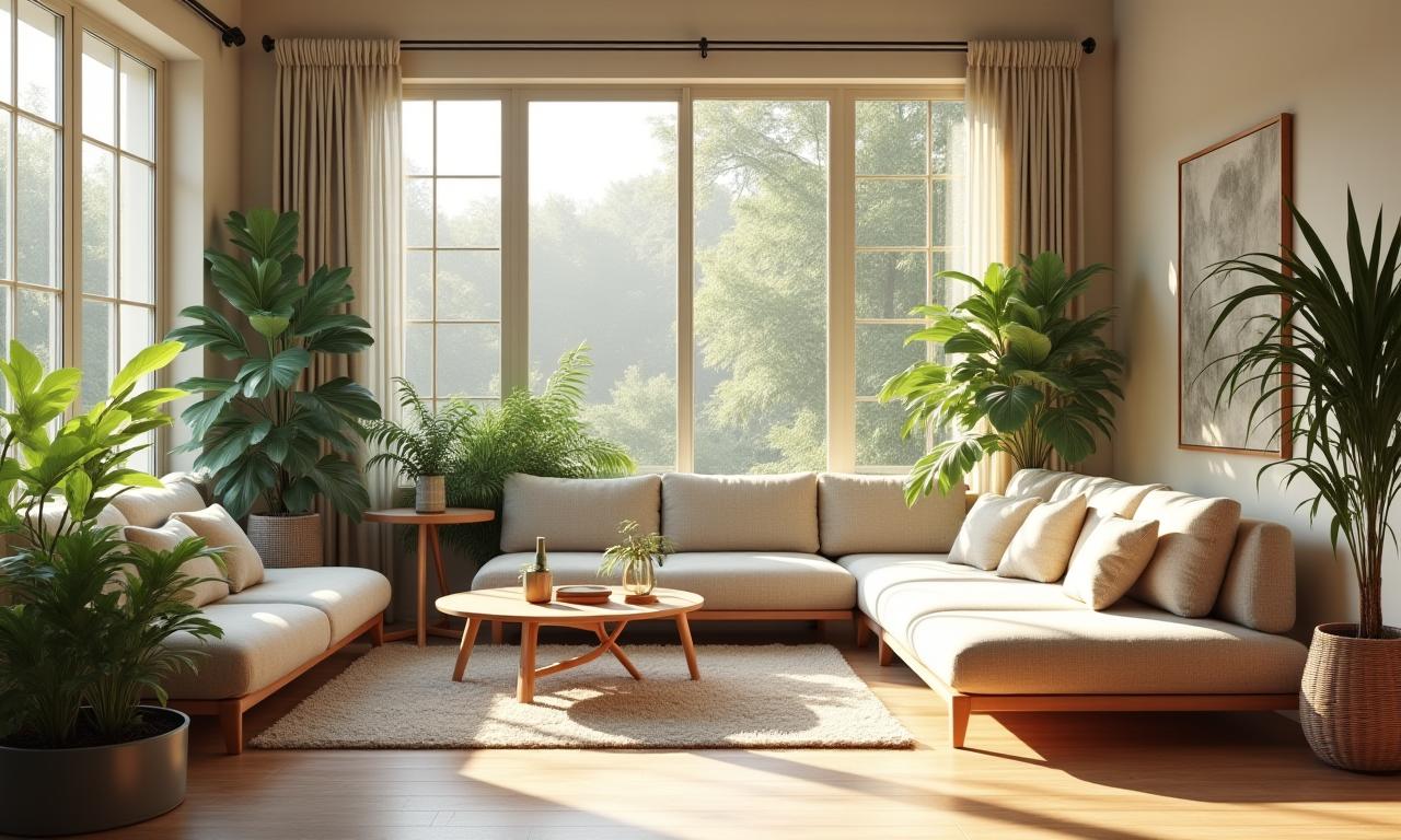 Sunlit, plant-filled living room with harmonious natural decor