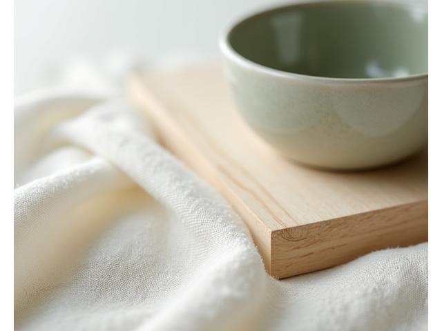 Close-up of elegant natural materials like textured linen, smooth wood, and artisan ceramic in soft earth tones