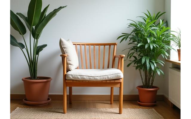 Handcrafted wooden chair with a plant, bathed in soft light