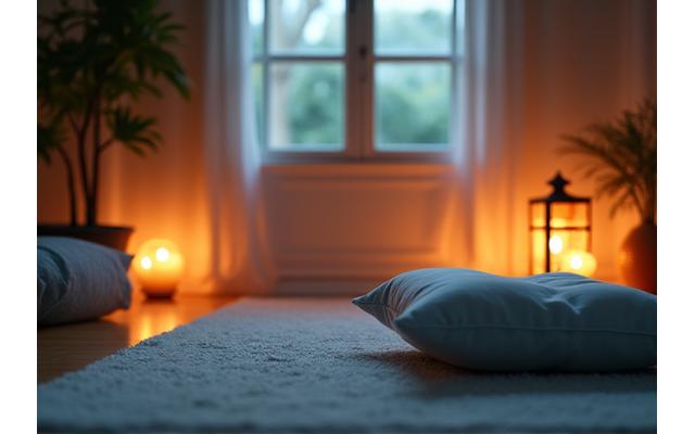 Serene meditation corner with cushions and soft lighting