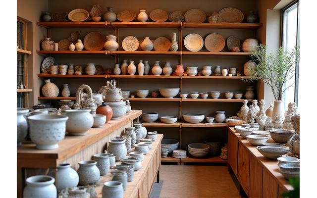 Artisan pottery and woven baskets on display in an inviting retail space