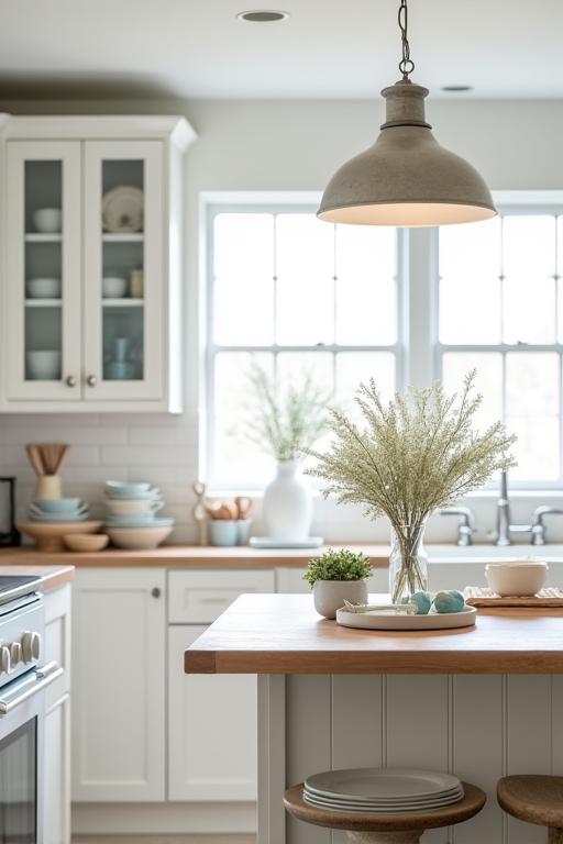 Bright and airy coastal cottage kitchen with light wood, white cabinets, and ocean-inspired decor.
