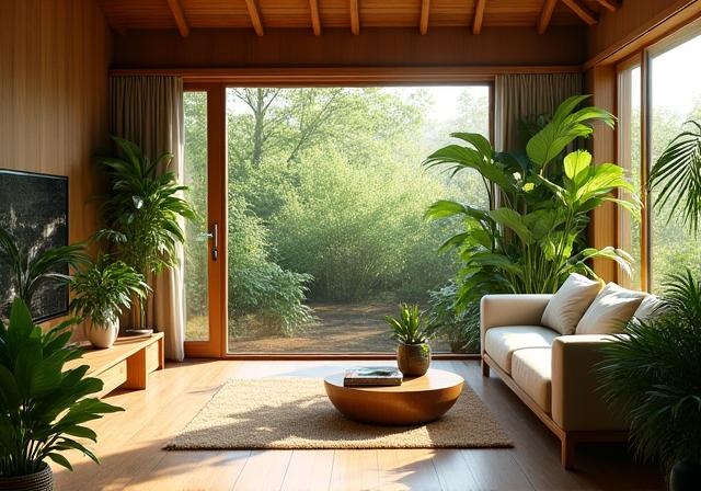 Lush, green eco-friendly bungalow interior with sustainable materials and large windows overlooking a garden.