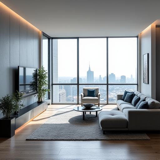 Sleek, minimalist open-plan living area in a London city apartment with large windows.