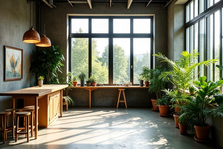 Modern artist's studio in Sheffield with abundant natural light, plants, and bespoke furniture.