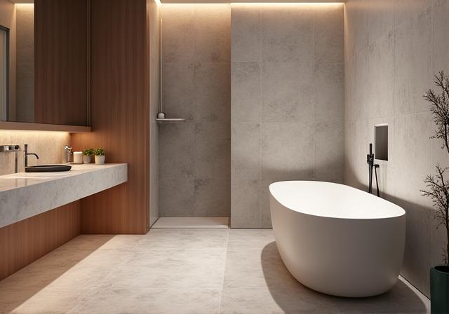 Serene home wellness spa design with soft lighting, natural stone, and a freestanding tub.