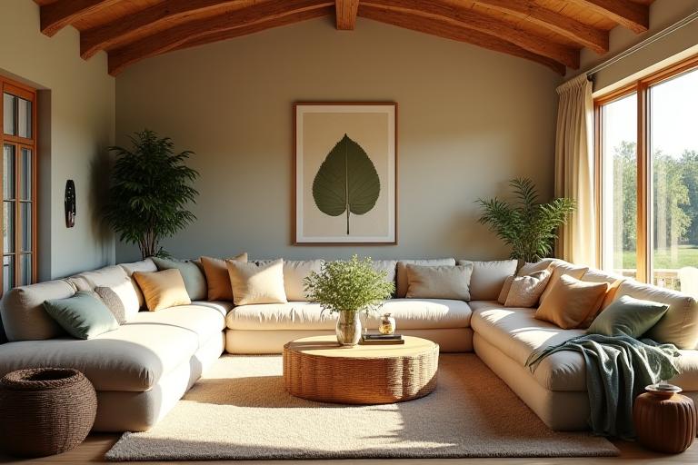 Cozy living room in a modernized Yorkshire farmhouse with natural wood beams and soft furnishings.