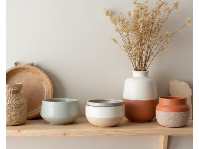 Collection of artisan-made pottery and natural home decor items.